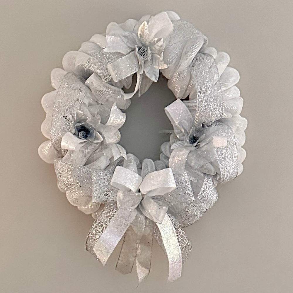 Handmade White and Silver Holiday Christmas Wreath Decor